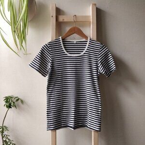 Muji Striped Sailor Short Sleeve Shirt Size Small Navy White